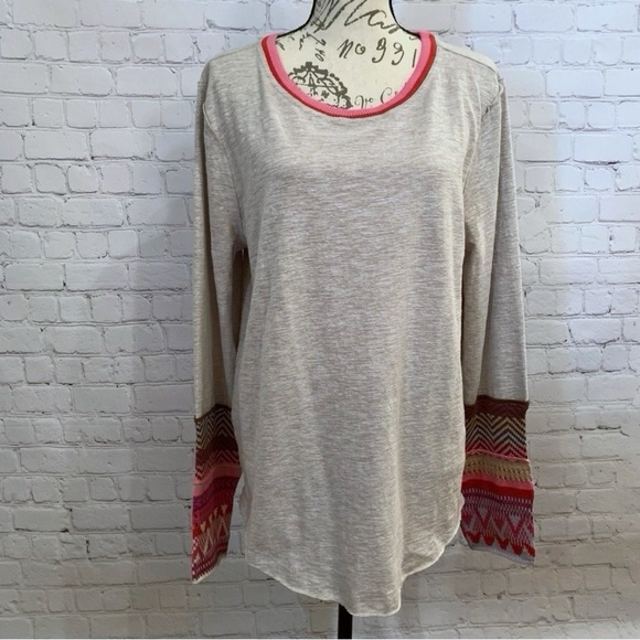 BiBi oatmeal heather long sleeve top with multi color knitted cuffs size XL - Picture 1 of 10